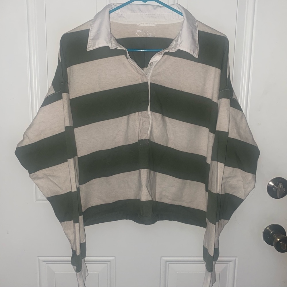 AERIE Striped Olive Green and White Collared Long Sleeve Cropped Rugby Polo - Picture 2 of 8